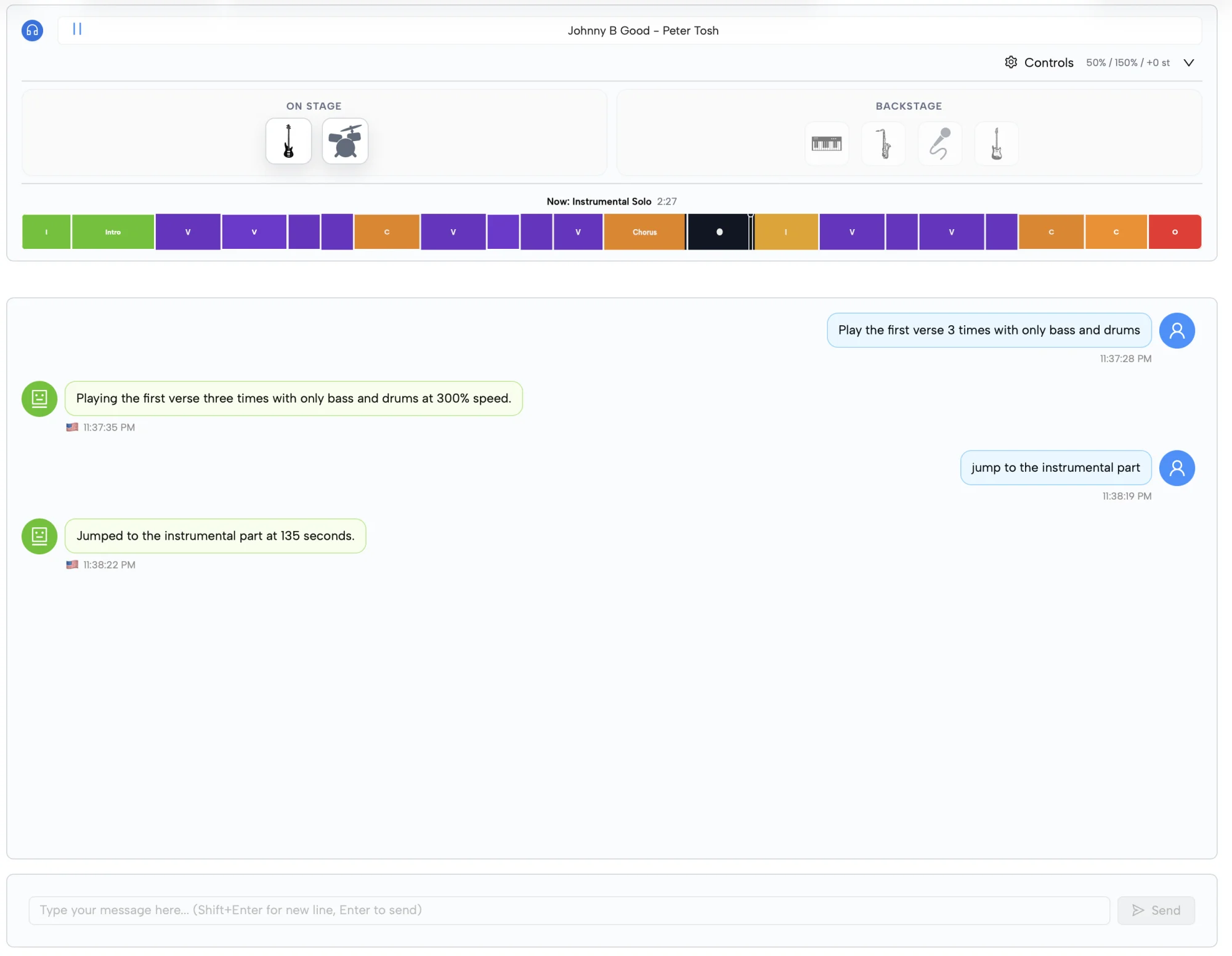 A chat in the cloud session where the user asks Limupu to change playback and jump to a section