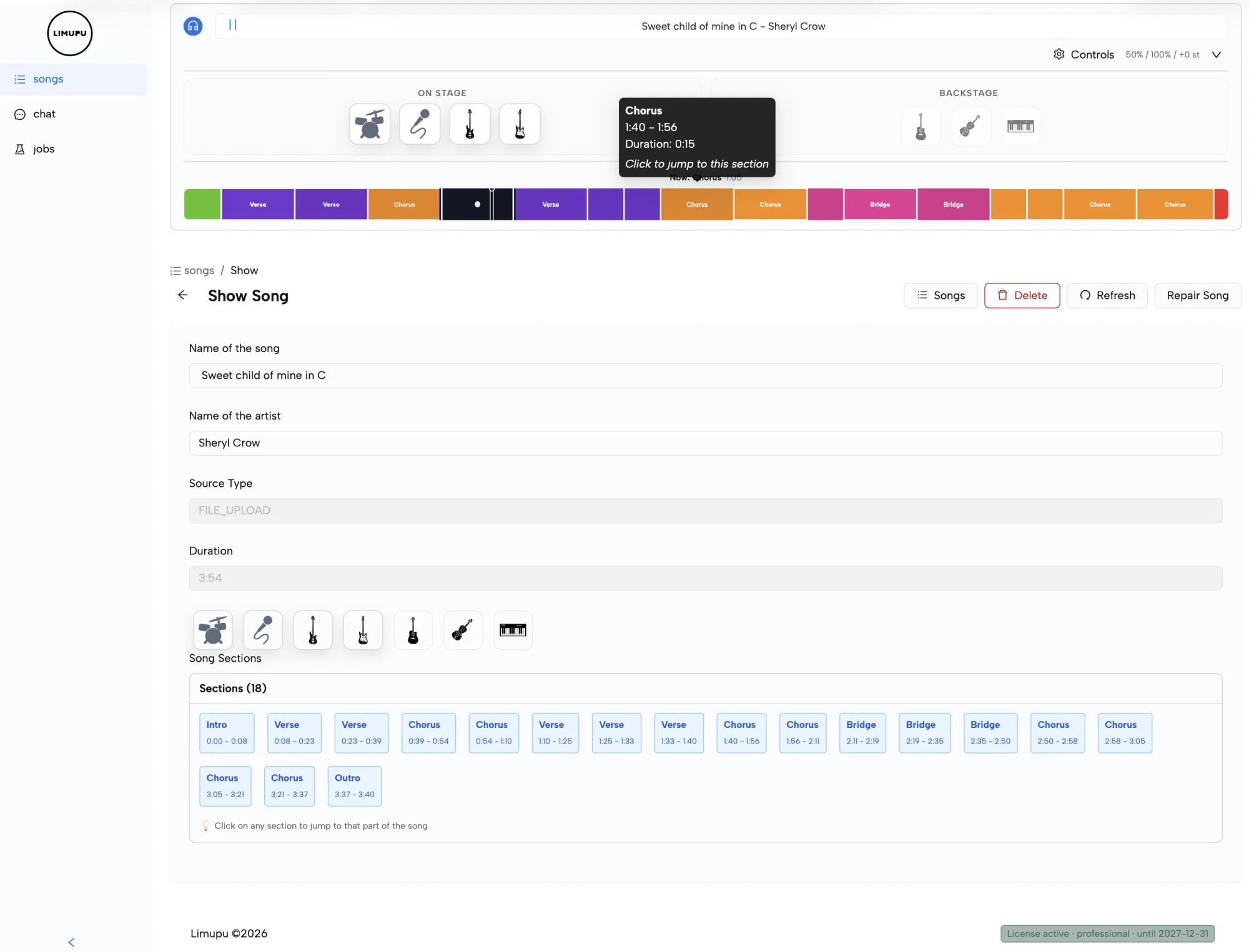A song open in the cloud UI with its sections listed and instruments toggled on and off the stage
