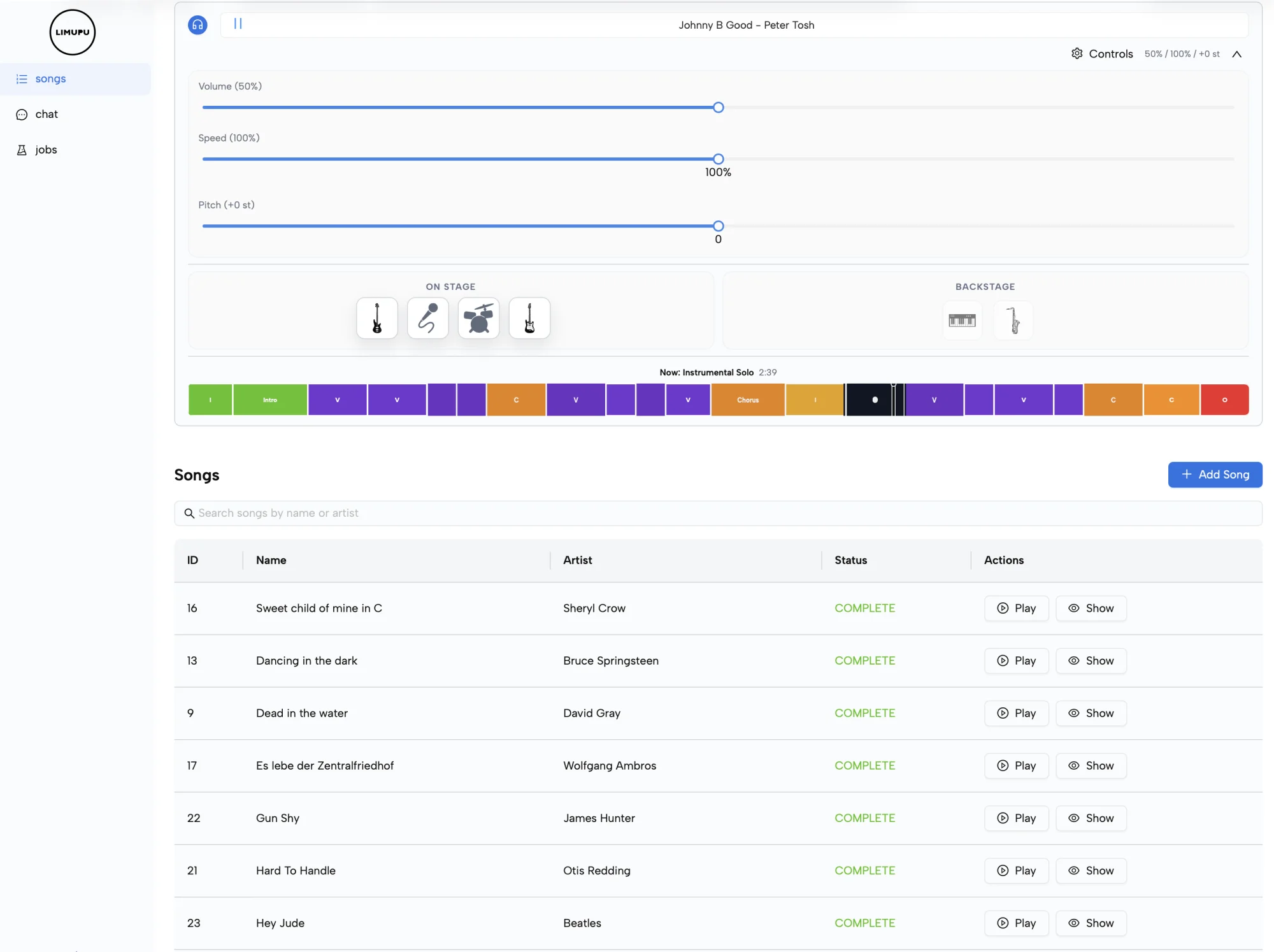 The Limupu cloud session showing a song library, playback controls, and on-stage instrument toggles